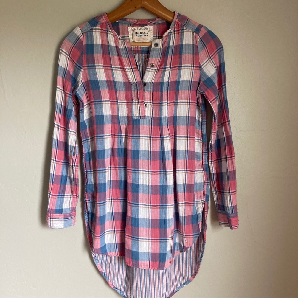 Holding Horses Plaid High Low Blouse Size 0